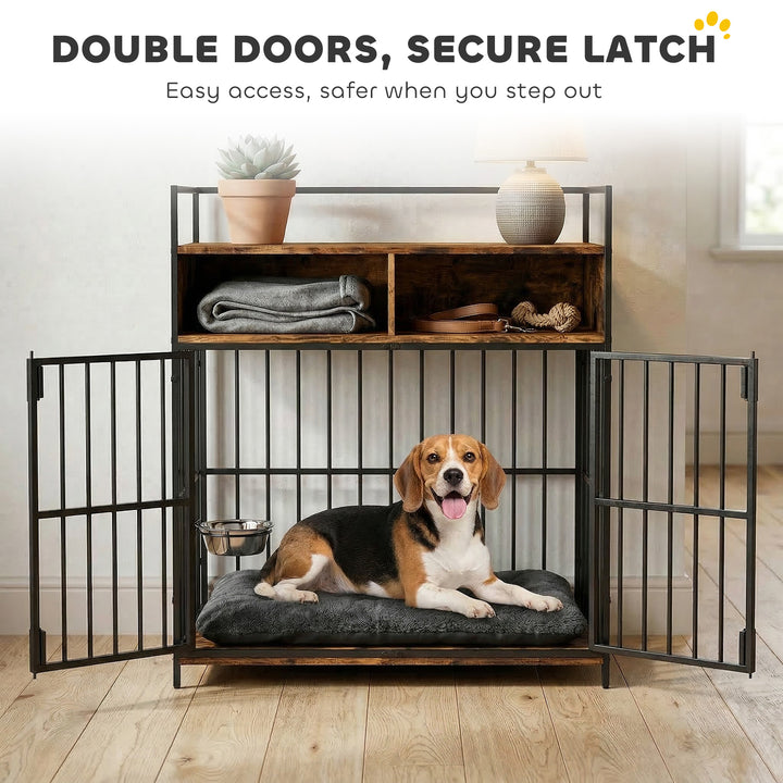 Dog Crate Furniture, Dog Cage with Rotatable Feeding Station and Stora