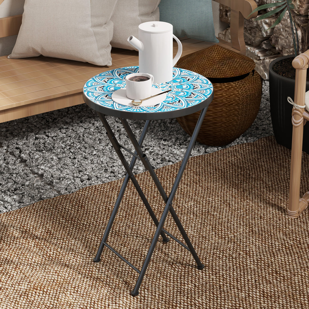 Mosaic Outdoor Garden Table, 35.5cm Round Folding Coffee Table with Metal Frame for Balcony Terrace, Blue