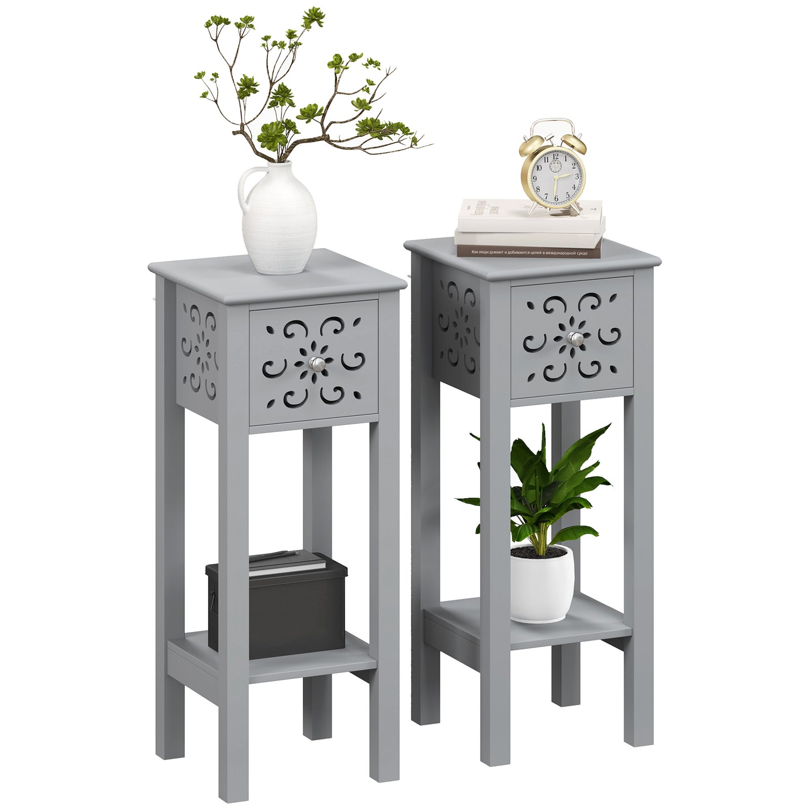 Set of Two Elegant Floral Cut-Out Side Tables - Grey