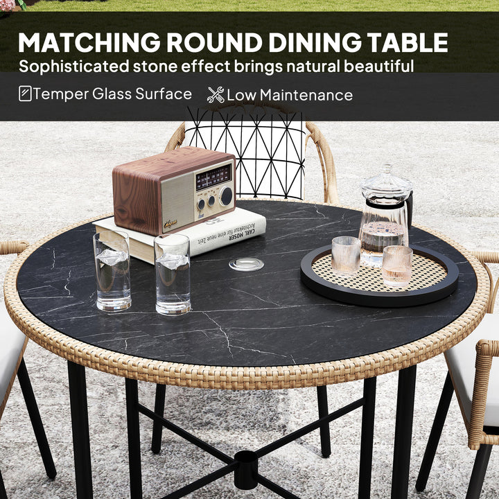 5 Piece Patio Rattan Dining Set, Wicker Garden Table and Chairs w/ Removable Seat & Back Cushions, Round Tempered Glass Tabletop, Parasol Hole, Outdoor Furniture Conservatory Set, Light Brown