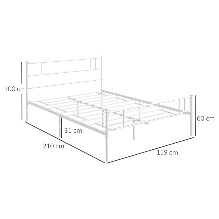Double Metal Bed Frame Solid Bedstead Base with Headboard and Footboard, Metal Slat Support and Underbed Storage Space, Bedroom Furniture, White