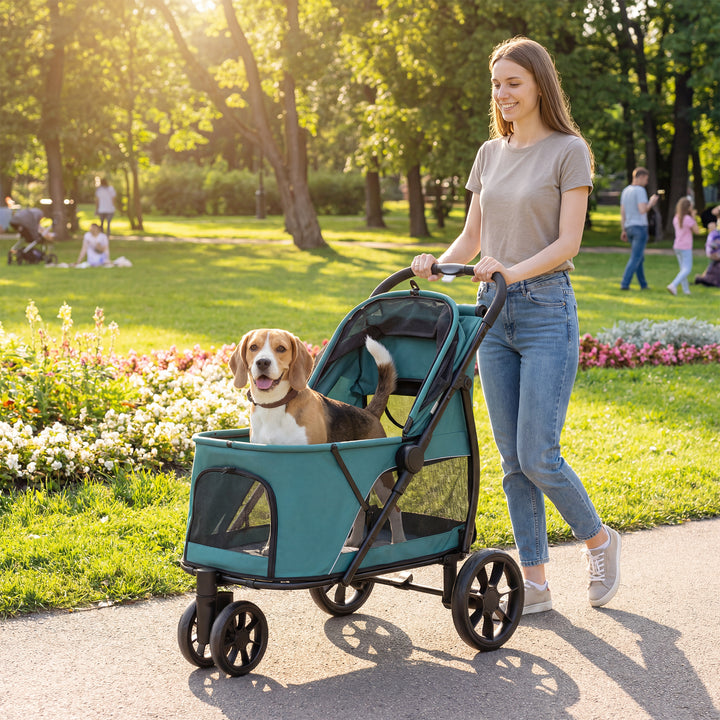 Dog Stroller, 3 Wheels Pet Stroller with Dual Entry, Easy One-Click Qu