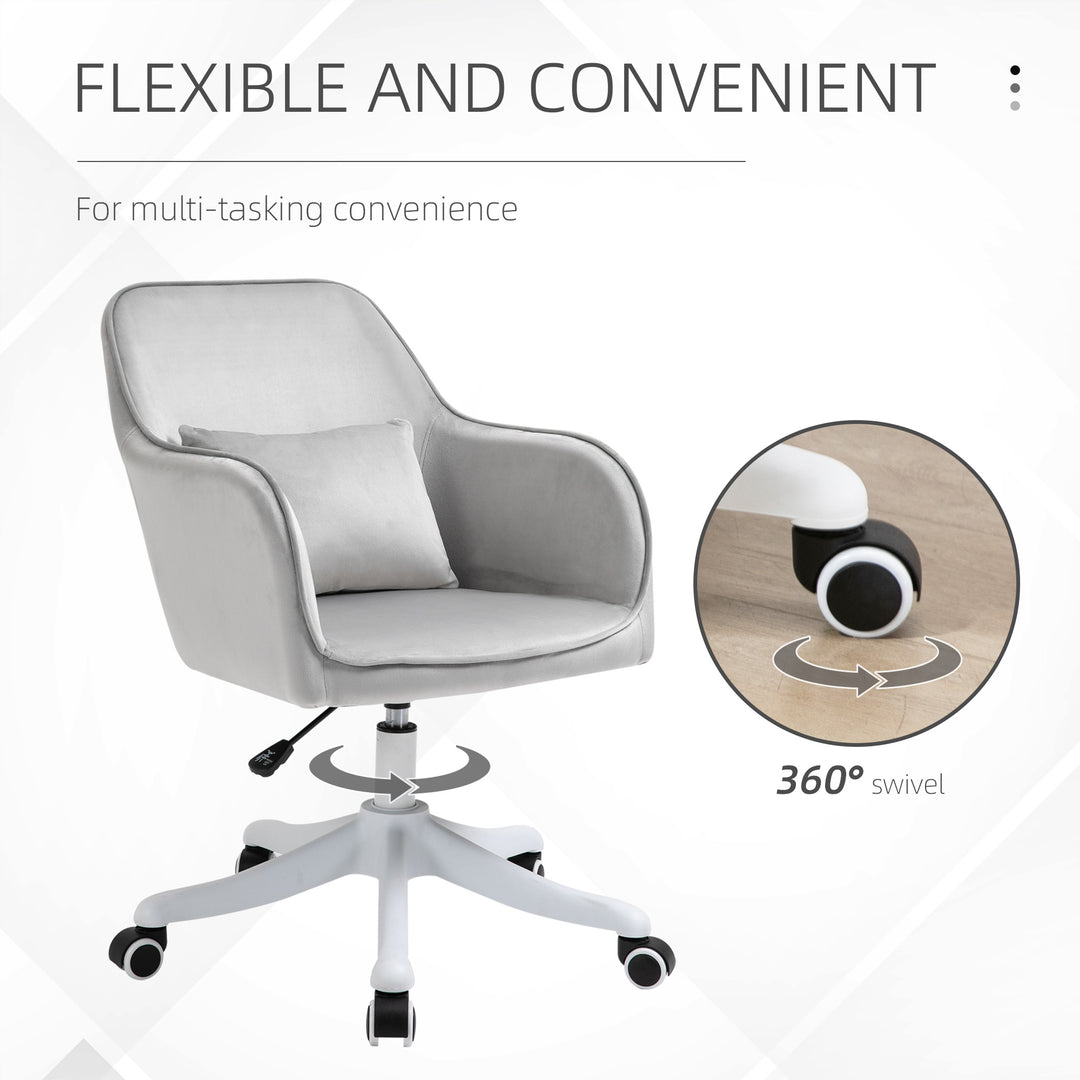 Velvet Office Chair, Desk Chair, Makeup Vanity Chair with Massage Lumbar Pillow and Rolling Wheels for Bedroom and Home, Grey