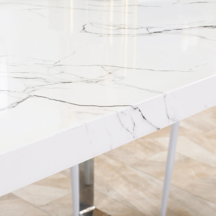 Modern Dining Room Table Rectangular Kitchen Table for 6-8 People with Marble Effect Tabletop Steel Legs 160 cm White