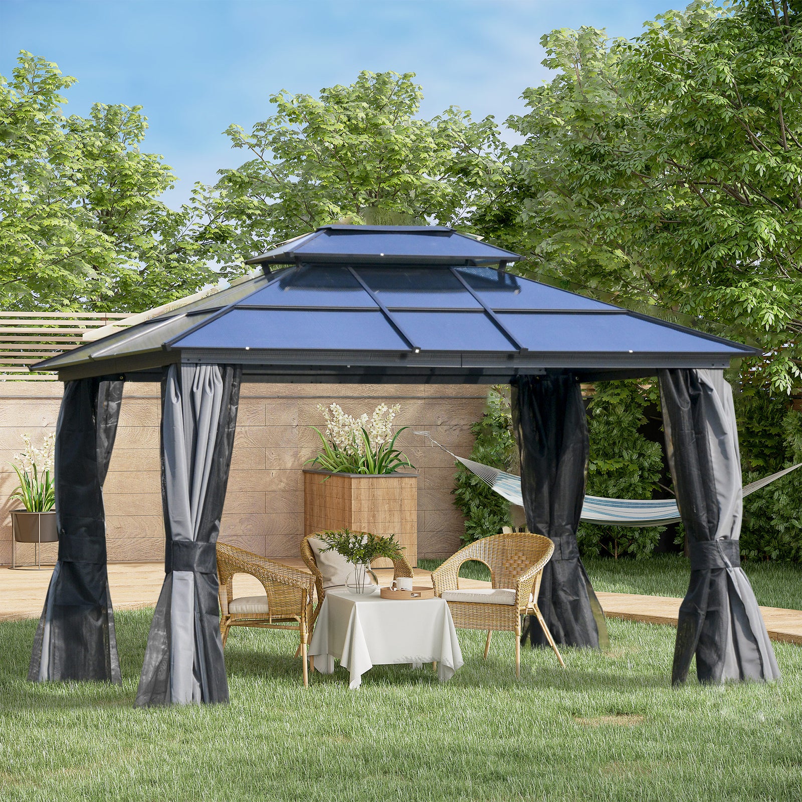 Outdoor 3.6 x 3(m) Gazebo Cabana w/ Steel Frame & Net Sidewalls for Privacy