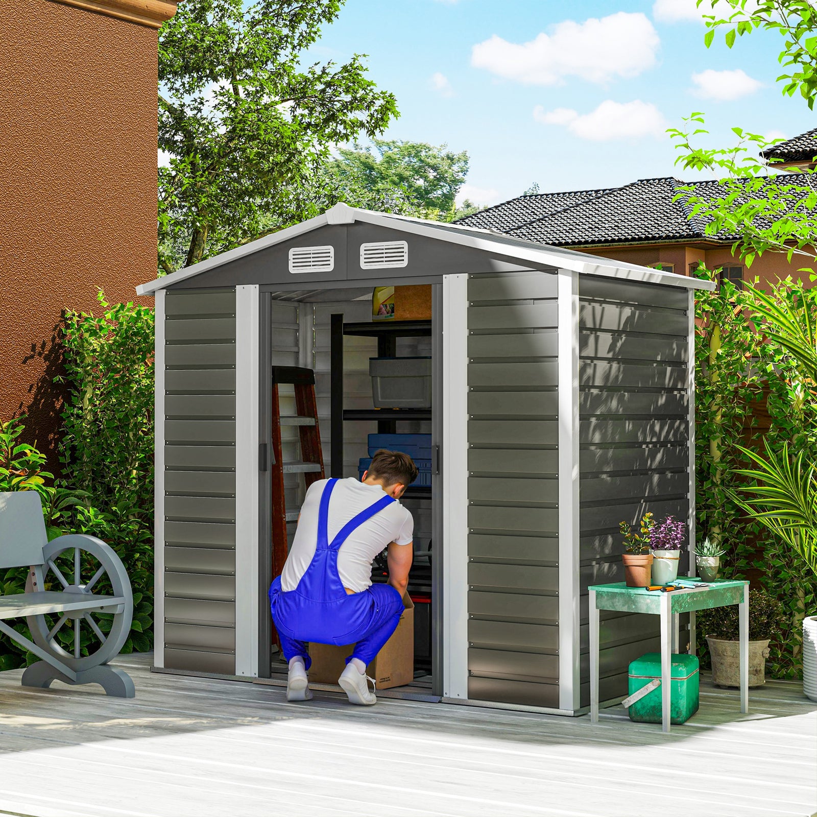 7 x 4ft Garden Shed, Easy to Assemble, Upgraded Galvanised Steel Frame with Foundation Kit, Double Doors with Lock, Outdoor Metal Shed with Vents and Gloves, Garden Storage Shed, Dark Grey