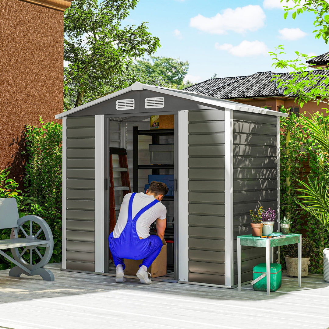 7 x 4ft Garden Shed, Easy to Assemble, Upgraded Galvanised Steel Frame with Foundation Kit, Double Doors with Lock, Outdoor Metal Shed with Vents and Gloves, Garden Storage Shed