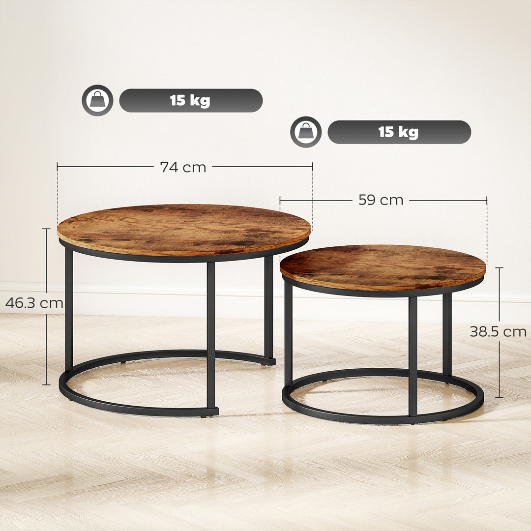 MCL Coffee Table Set of 2, Round Nest of Tables with Metal Frame, Modern Side Tables for Living Room, Rustic Brown