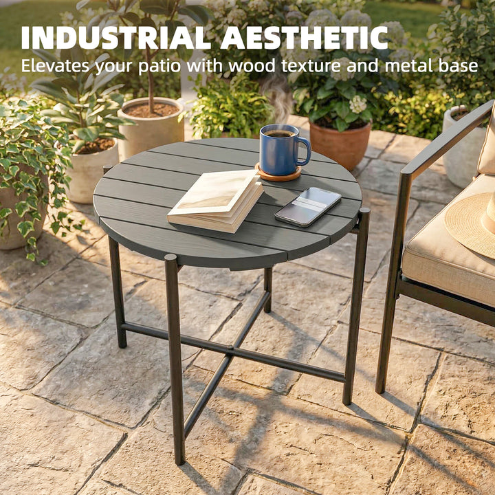 54 cm Round Outdoor Side Table, Industrial Small Garden Table with Sla