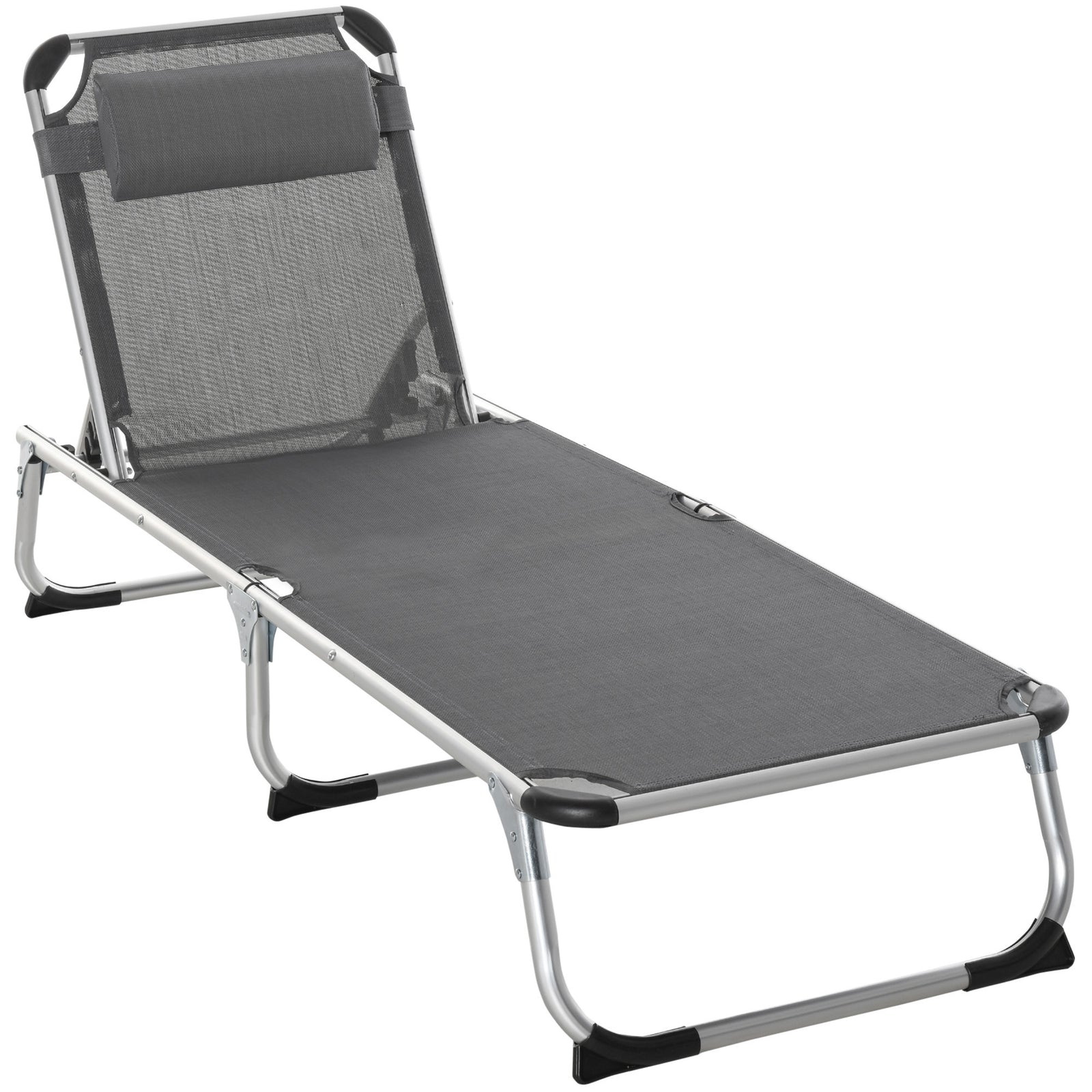 Foldable Outdoor Sun Lounger, Reclining Lounge Chair Camping Bed Cot with Pillow 4-Level Adjustable Back Aluminium Frame, Dark Grey