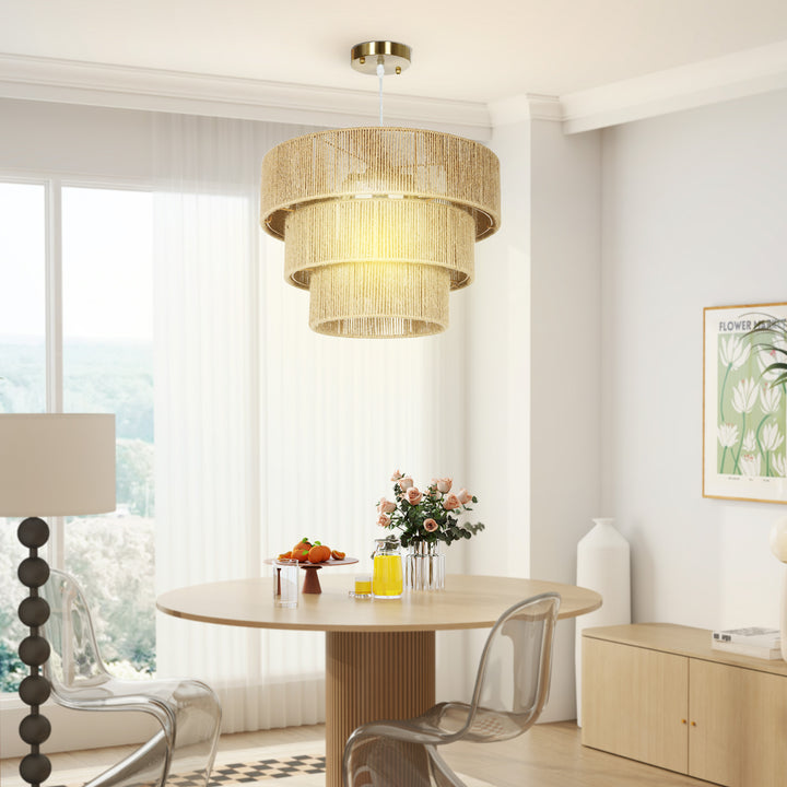 Hemp Rope Ceiling Light, 3-Layer Boho Pendant Light, E14 Vintage Ceiling Lamp Fixtures for Living Room, Bedroom, Kitchen, Hallway, Light Brown