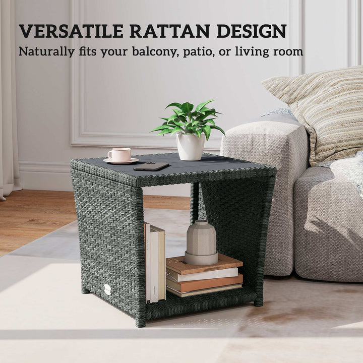 Side Table 2-Tier Outdoor Coffee Table with Storage Shelf PS Wood Slat