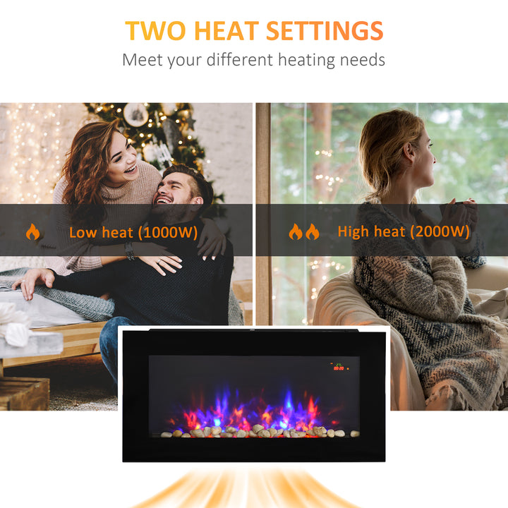 HOMCOM 1000W/2000W LED Electric Fireplace w/ Automatic Function Remote Faux Flame Wall Home Heater Backlight Timer Sleek Stylish