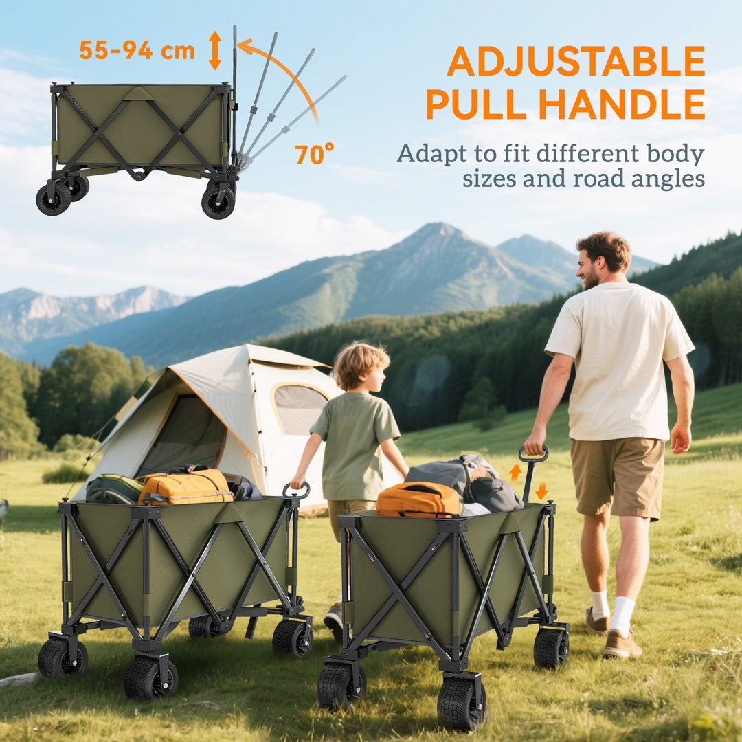 Folding Garden Trolley, Cargo Traile on Wheels, Collapsible Camping Trolley, Outdoor Utility Wagon with Steel Frame and Oxford Fabric, Green