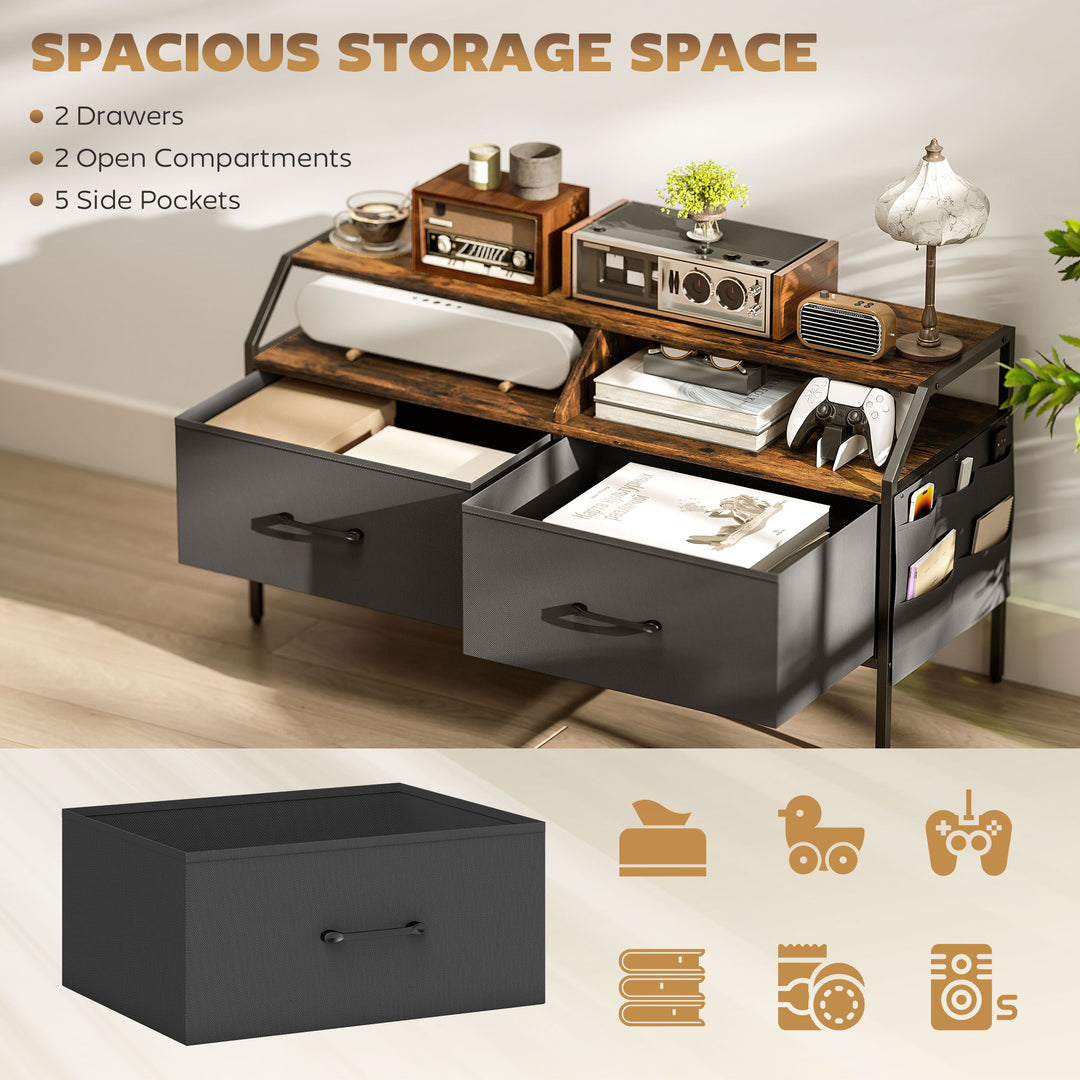 TV Stand Cabinet, TV Unit for 55-inch TVs with 2 Foldable Fabric Drawers, 5 Divided Side Pockets, Open Shelves, Console Table for Living Room, Bedroom, Entertainment Room, Rustic Brown