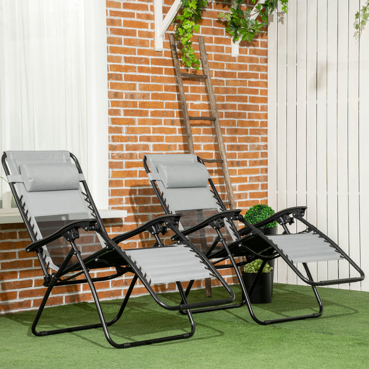 Outsunny Set of 2 Garden Recliners, Foldable Zero Gravity Outdoor Chair Set with Footrest & Removable Headrest, Grey