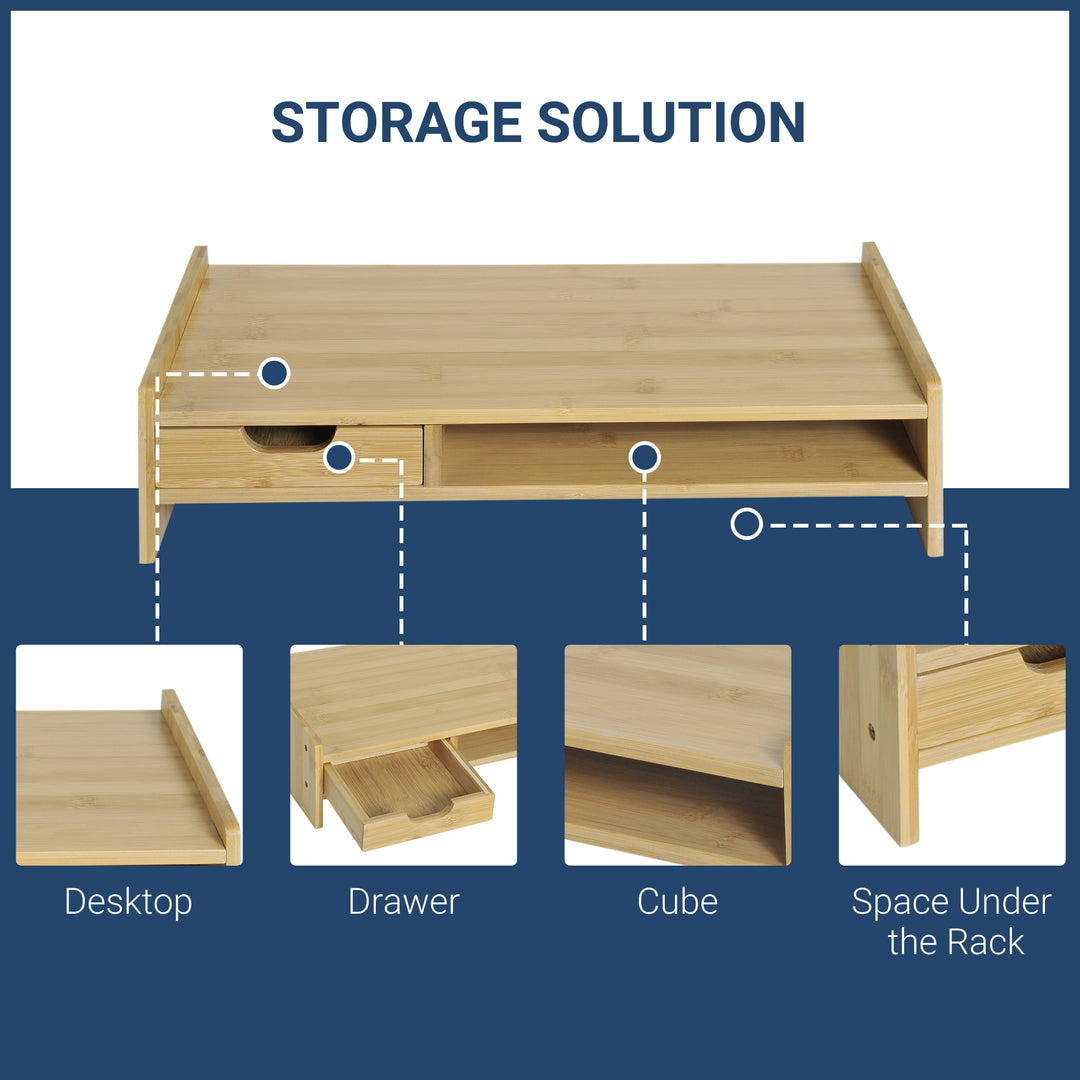 MCL Monitor Riser Laptop PC Plinth Stand TV Computer Desktop Organiser W/ Drawer Bamboo
