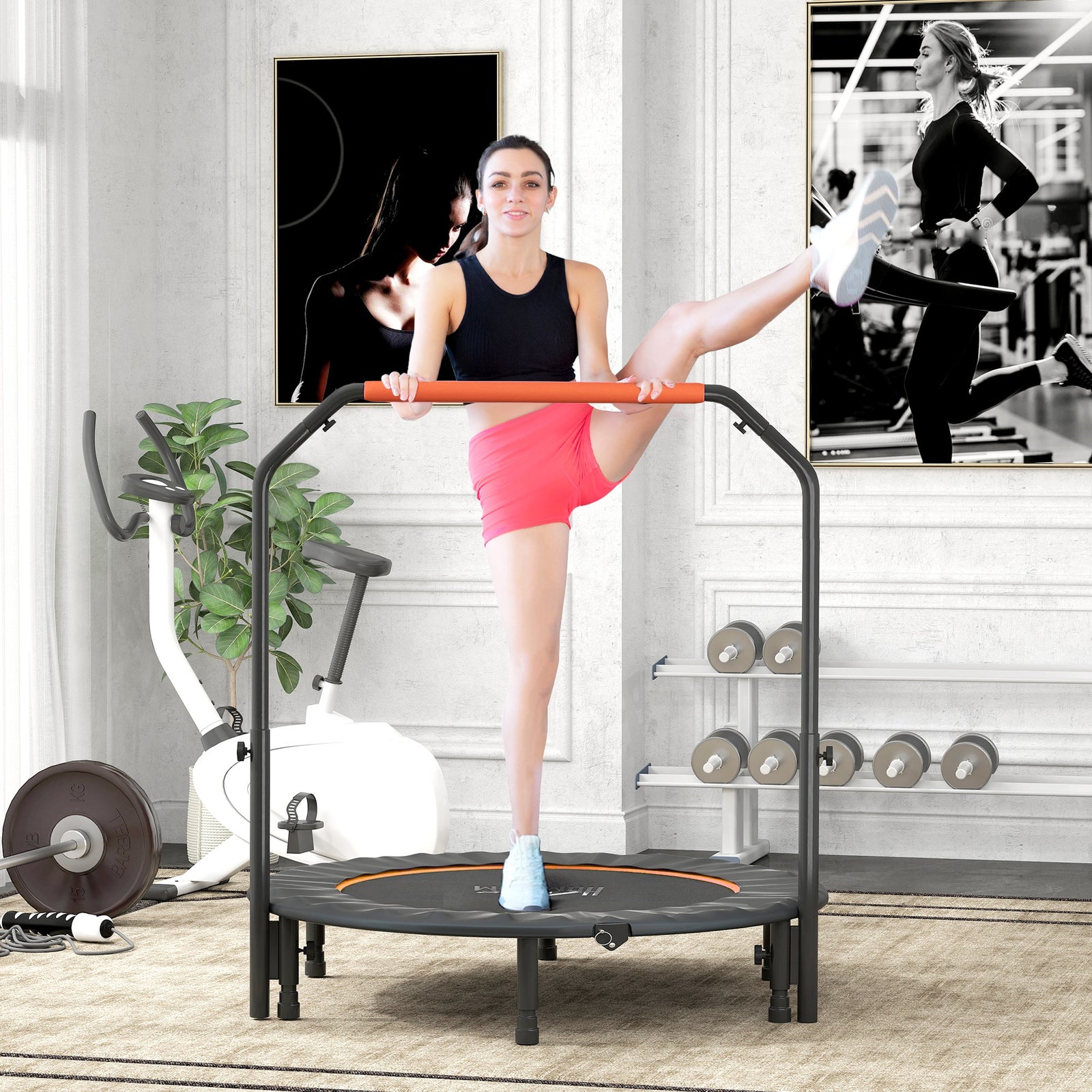48" Foldable Mini Fitness Trampoline, with Adjustable Foam Handle, Orange