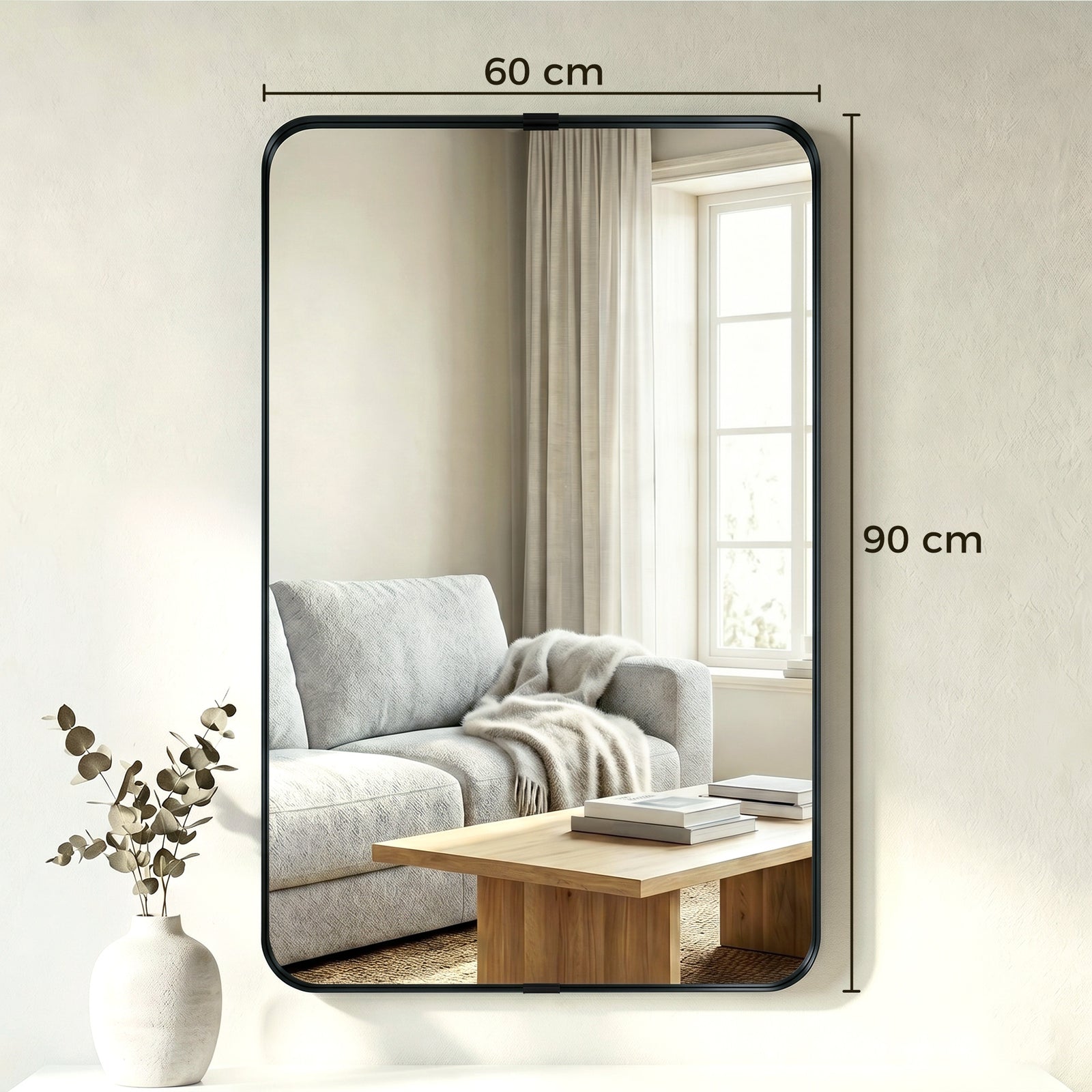 Rectangular Wall Mirror, 90 x 60 cm Wall Mounted Bathroom Mirror with 