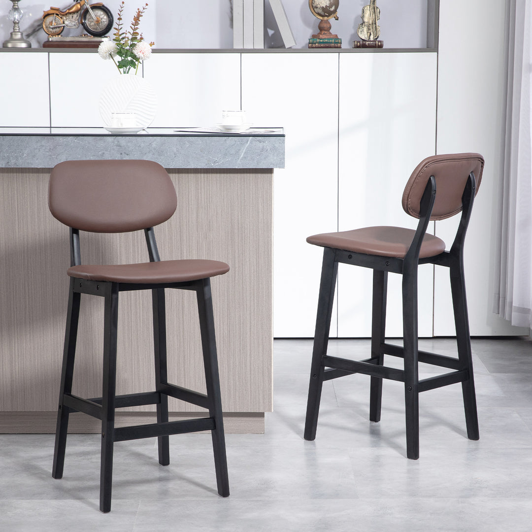 HOMCOM Bar Stools Set of 2, Modern Breakfast Bar Chairs, Faux Leather Upholstered Kitchen Stools with Backs and Wood Legs, Brown | Aosom UK