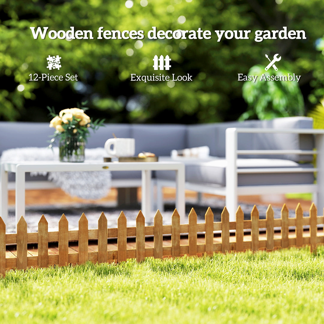 MCL Pack of 12 Wooden Border Fences, Garden Fixed Picket Fence for Lawn Edging, Flowerbed, 60L x 1D x 34H cm, Brown