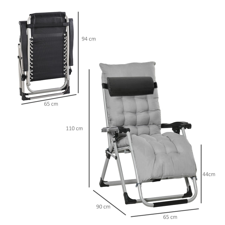 Outsunny 2 Piece Reclining Zero Gravity Chair Folding Garden Sun Lounger with Cushion Headrest Light Grey