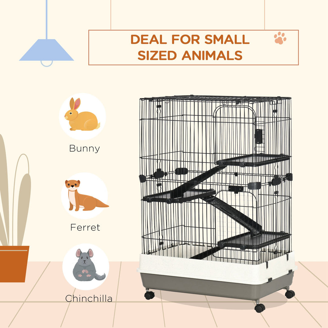 Four-Tier Small Animal Cage, for Bunnies, Ferrets, Chinchillas w/ Wheels, Tray - Black