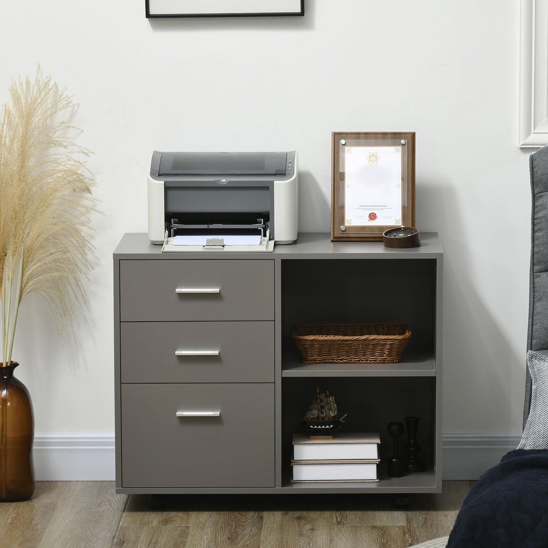 MCL Freestanding Printer Stand Unit Office Desk Side Mobile Storage w/ Wheels 3 Drawers, 2 Open Shelves Modern Style 80L x 40W x 65H cm - Grey