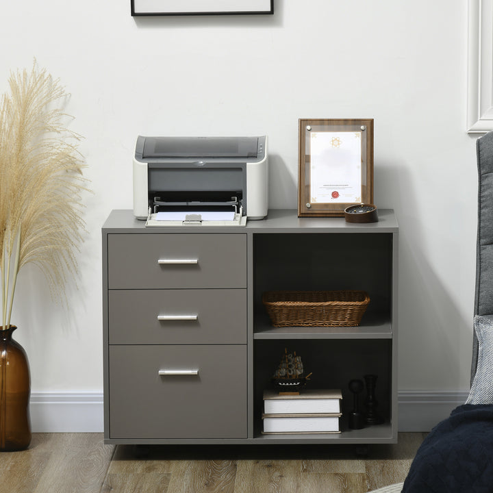 Freestanding Printer Stand Unit Office Desk Side Mobile Storage w/ Wheels 3 Drawers, 2 Open Shelves Modern Style 80L x 40W x 65H cm - Grey
