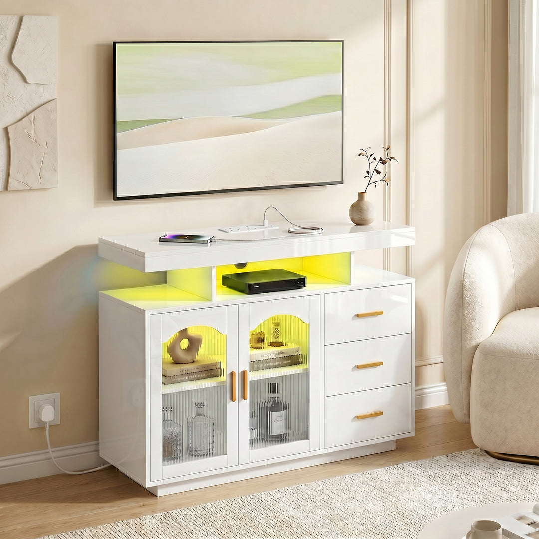 High Gloss Sideboard with LED Lights, Built-in Power Outlets, 3 Drawer