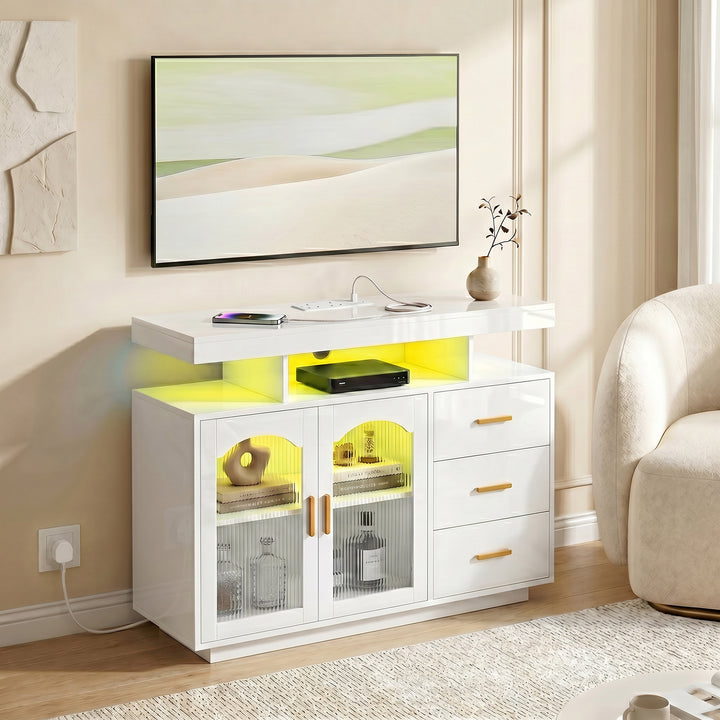High Gloss Sideboard with LED Lights, Built-in Power Outlets, 3 Drawer
