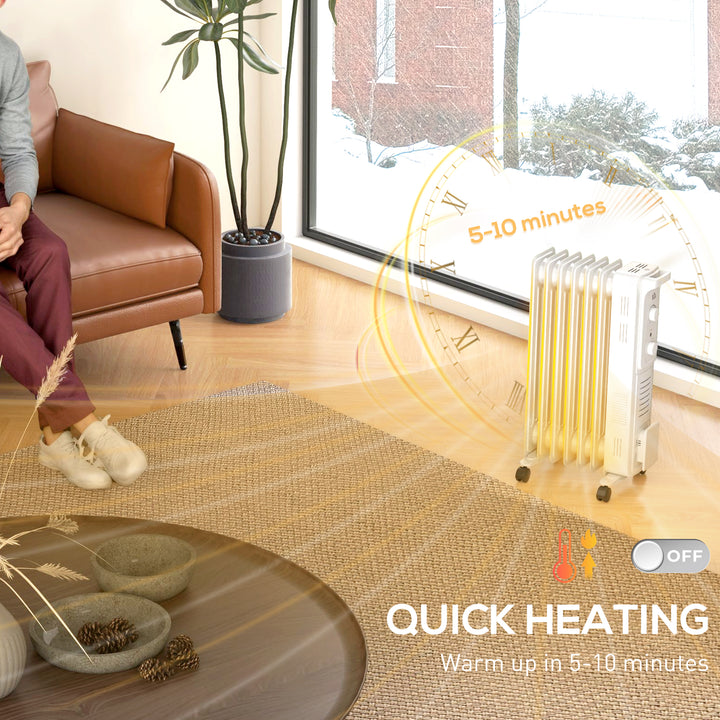 1500W Quiet Oil Filled Radiator, 7 Fin Energy Efficient Portable Electric Heater with 3 Heat Settings, Adjustable Thermostat, Safety Tip Over, Overheat Protection, for Home, White