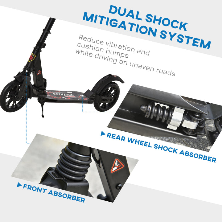 Adult Teens Kick Scooter Foldable Height Adjustable Aluminium Ride On Toy for 14+ w/ Rear Wheel & Hand Brake, 200mm Big Wheels, Shock Mitigation System - Black