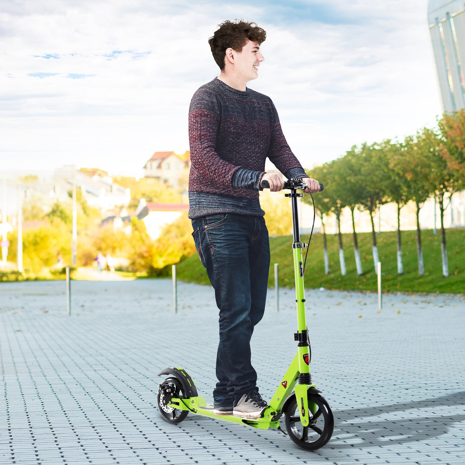 Kick Scooter, Folding 2 Wheel Scooter for 14+ Teens Adults, with Dual Brake System, Dual Suspension, 230mm Big Wheels, 3 Adjustable Handlebar, up to 100KG, Green