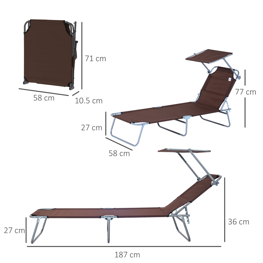 Outsunny Foldable Sun Lounger Set with Canopy, Adjustable Patio Recliner Chairs, Mesh Fabric, Brown, 2 Pcs