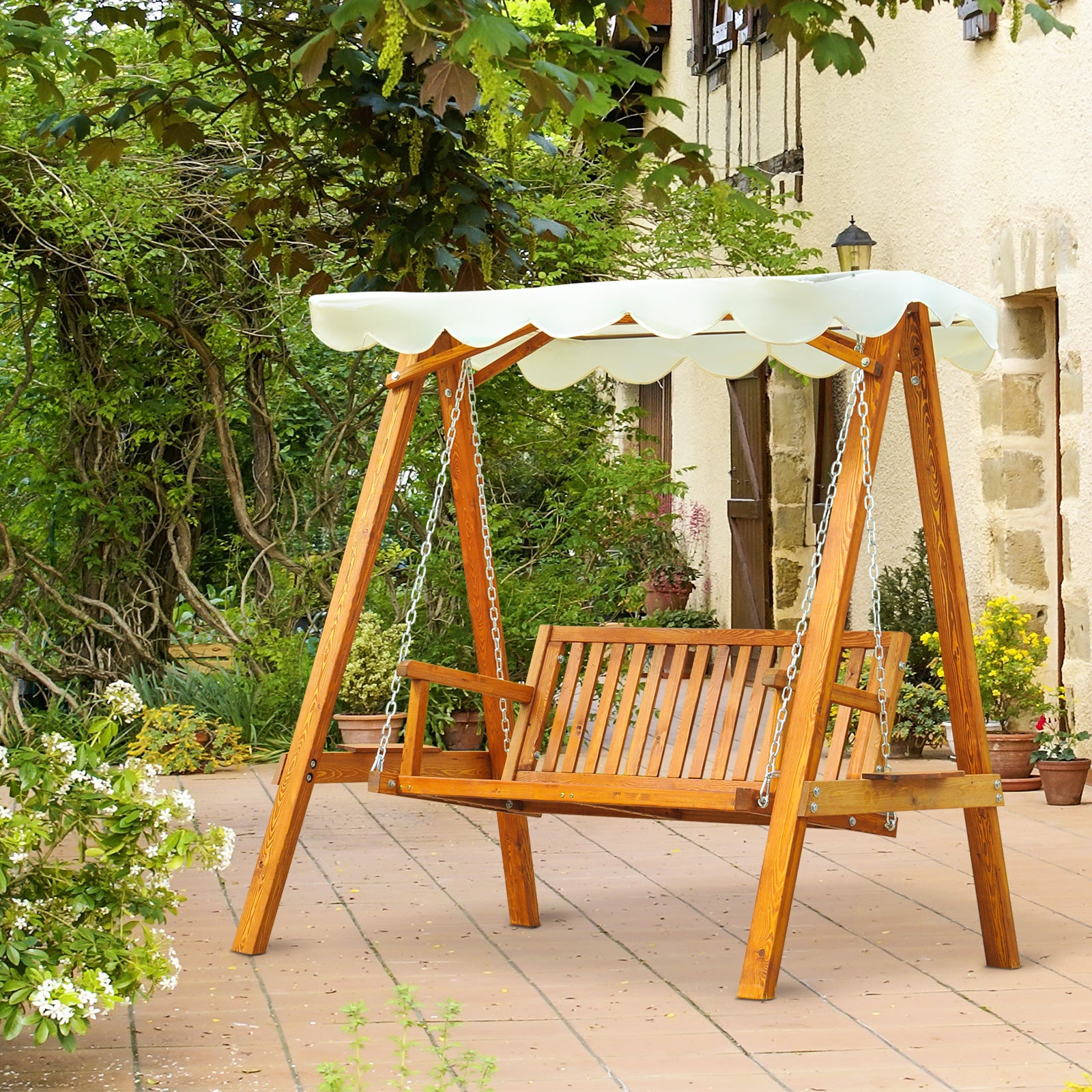 2 Seater Garden Swing Seat with Canopy, Wooden Swing Chair, Outdoor Hammock Bench for Balcony Patio Porch, Cream White