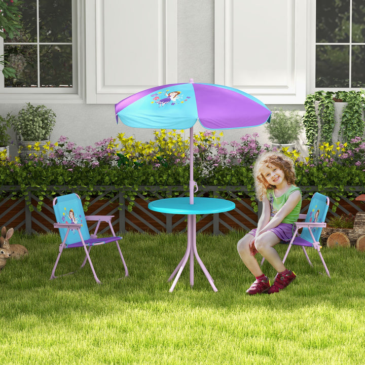 Outsunny Kids Picnic Table and Chair Set, Fairy Themed Outdoor Garden Furniture w/ Foldable Chairs, Adjustable Parasol