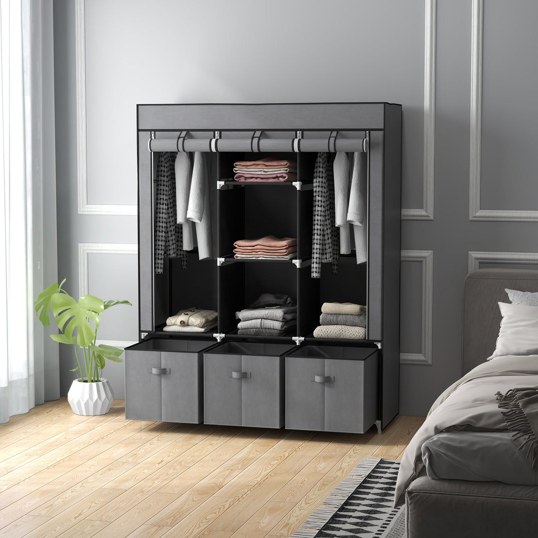 Fabric Wardrobe for Bedroom, Portable Wardrobe with 5 Shelves, 2 Hanging Rails and 3 Fabric Drawers, Foldable Closet, 125 x 43 x 162.5cm, Dark Grey