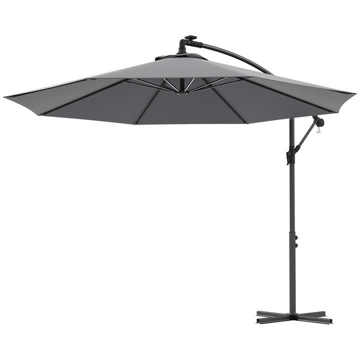 Outsunny Waterproof 3(m) Cantilever Parasol, Garden Umbrella w/ Solar LED Lights, Cross Base, Hanging Offset Banana Sun Shade | Aosom UK