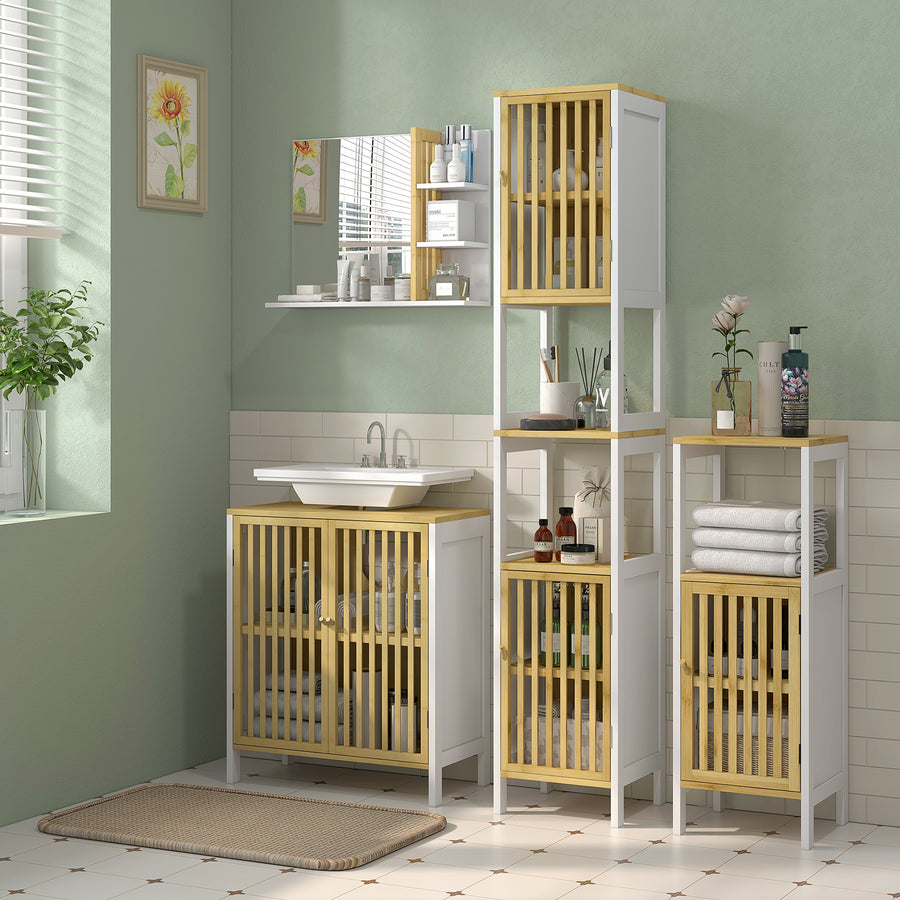 Bamboo-Blend Retro Cut-Out Bathroom Storage Unit, with Cupboard