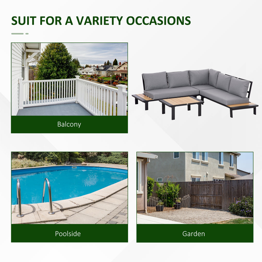 4 Pieces Aluminium Garden Furniture Set L Shape Sofa Set with Tables, Cushions for Indoor, Garden, Patio, Dark Grey
