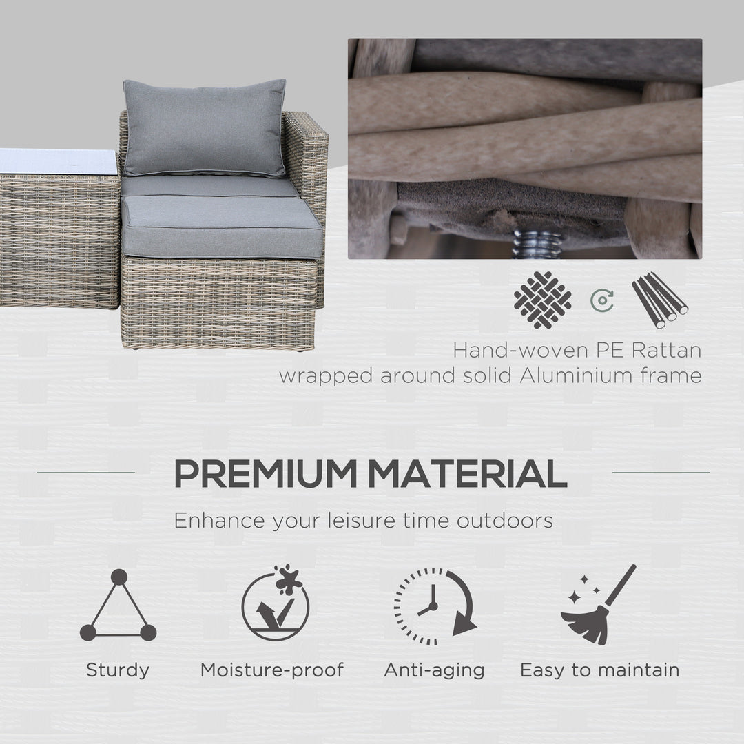5 Piece Rattan Garden Furniture Set w/ 10cm Thick Cushions, Aluminium Frame Wicker Outdoor Balcony Sofa Set with Corner Armchairs, Ottomans, and Glass Top Table, Mixed Brown