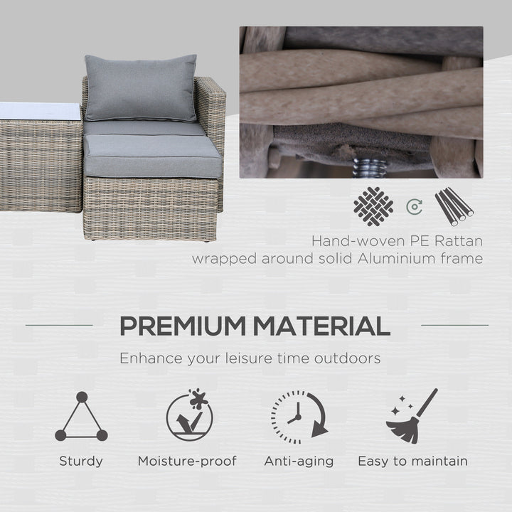 5 Piece Rattan Garden Furniture Set w/ 10cm Thick Cushions, Aluminium Frame Wicker Outdoor Balcony Sofa Set with Corner Armchairs, Ottomans, and Glass Top Table, Mixed Brown