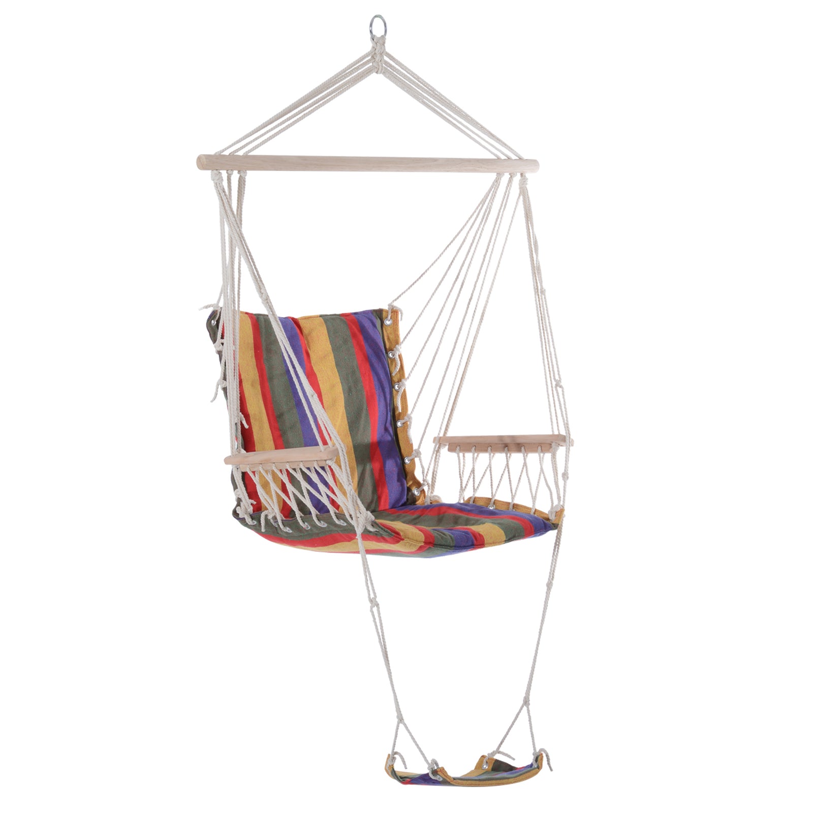 Hanging Rope Chair with Soft Padded Seat & Backrest, Portable Garden Hammoc Chair with Wooden Support Bar, Armrests, Cotton Cloth, Footrest, for Patio & Tree, Red