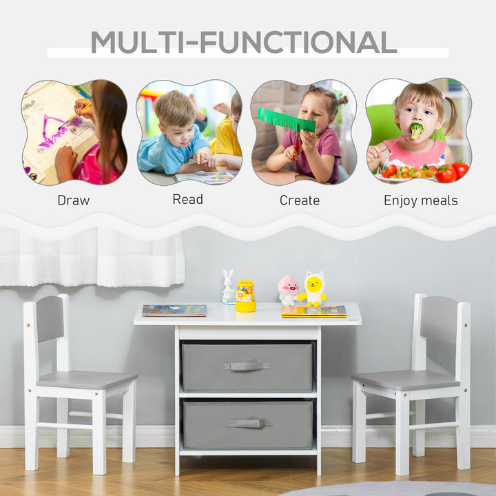 HOMCOM 3 Pcs Kids Table & Chairs Set Mini Seating Furniture Home Playroom w/ Storage Drawers Safe Corners for 2-4 Years old White | Aosom UK