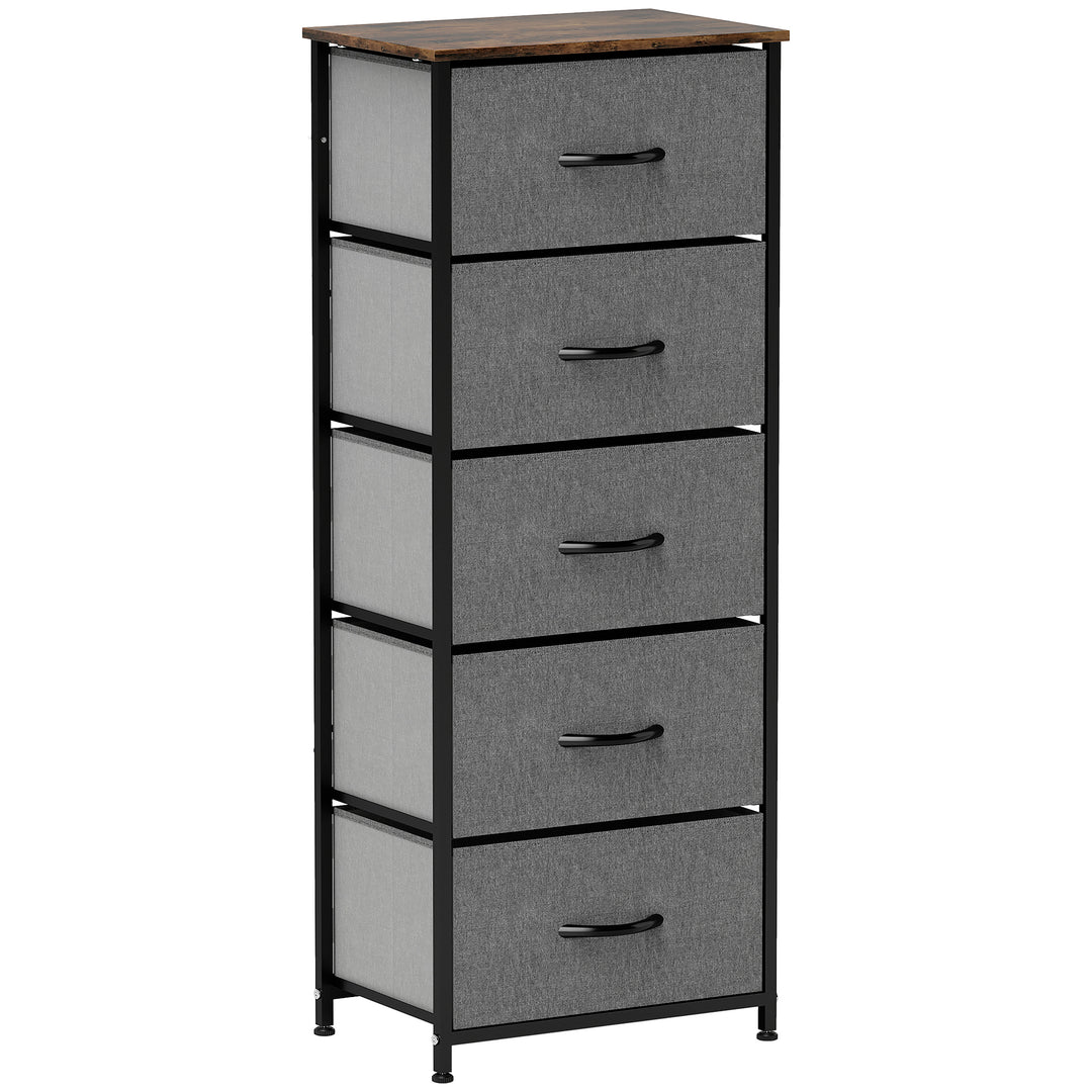 Fabric Chest of Drawers, Industrial Bedroom Dresser with 5 Fabric Drawers, Steel Frame and Wooden Top for Nursery, Living Room, Hallway, Rustic Brown and Grey