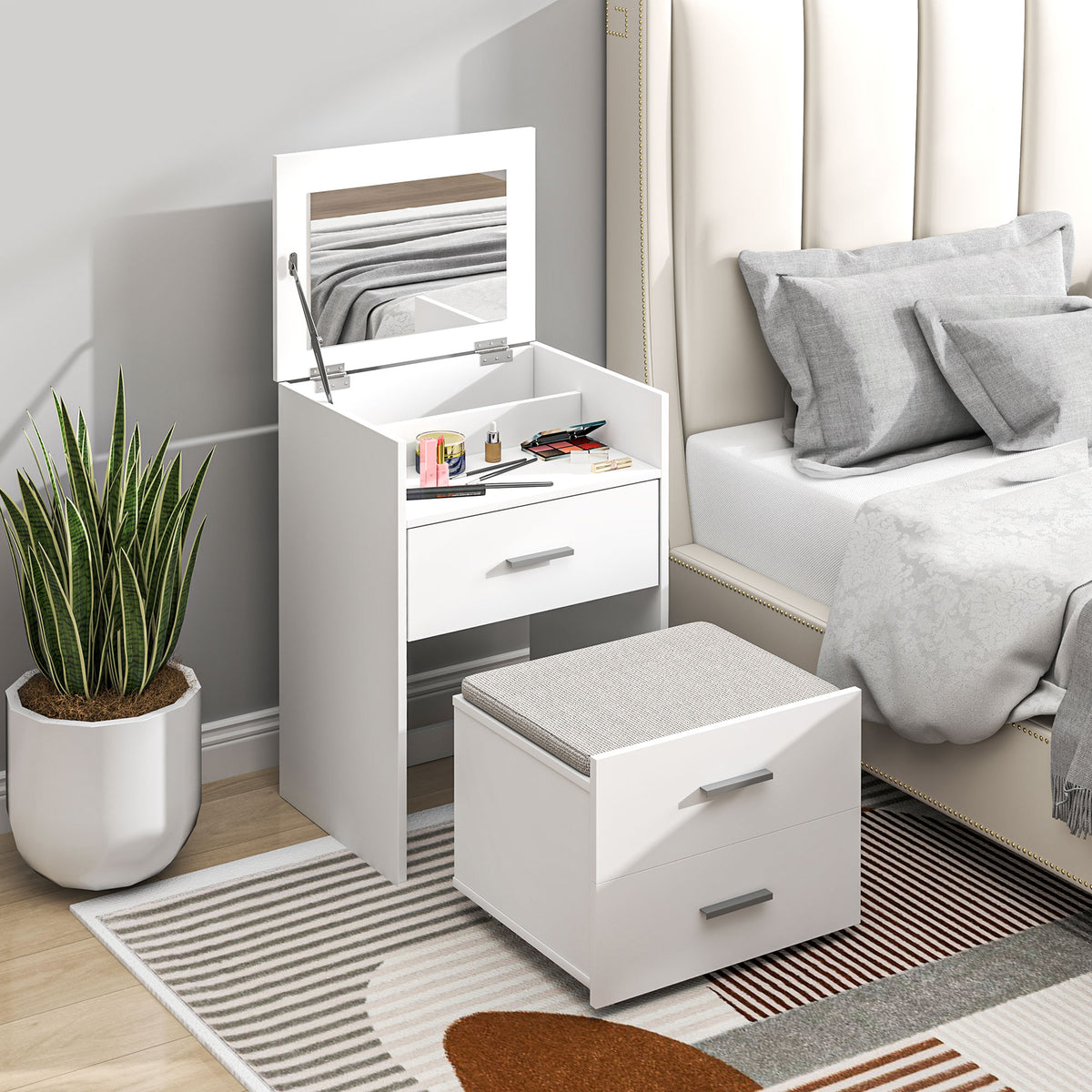 Vanity Desk with Mirror, Modern Dressing Table and Stool with 2 - view 2