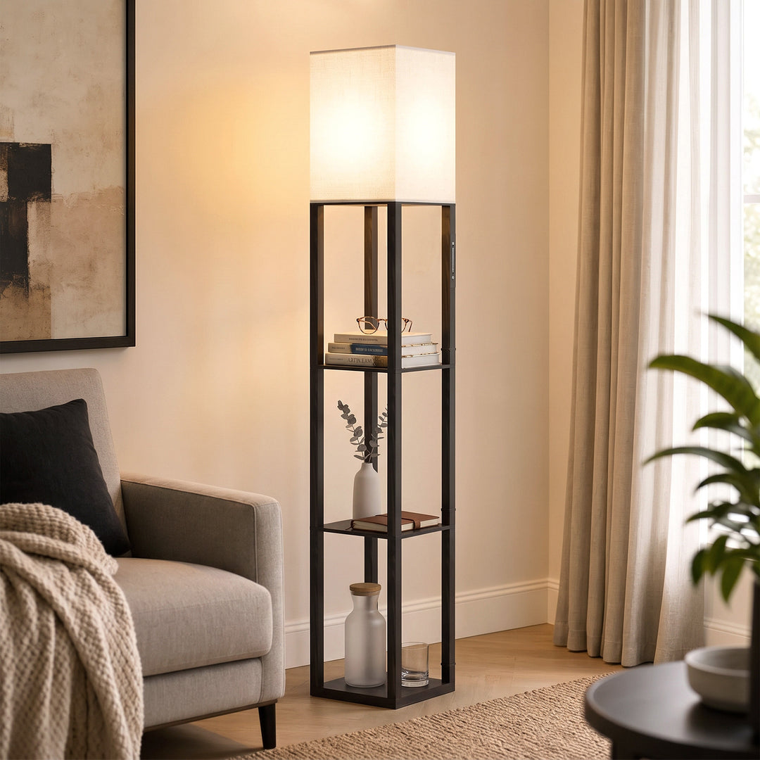 Floor Lamp with Shelves, Modern Dimmable Standing Lamp with Fabric - view 2