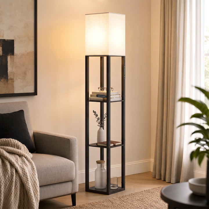 Floor Lamp with Shelves, Modern Dimmable Standing Lamp with Fabric - view 2