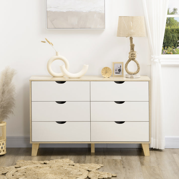 MCL Bedroom Chest of Drawers, Wide 6-Drawer Dresser, Storage Drawer Unit with Wood Legs for Living Room, White and Light Brown